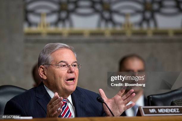 Senator Robert Menendez, a Democrat from New Jersey, questions witnesses during a Senate Foreign Relations Committee hearing in Washington, D.C.,...