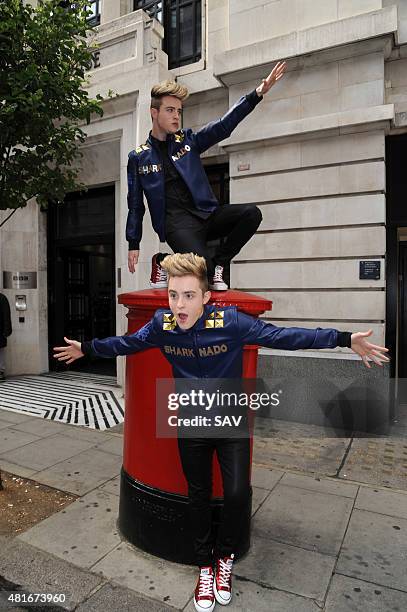 Jedward at The BBC to promote new TV Show Sharknado on July 23, 2015 in London, England.