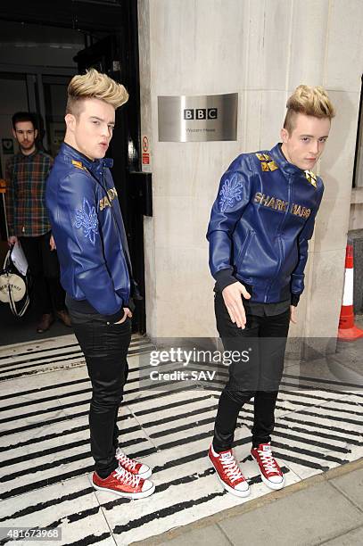 Jedward at The BBC to promote new TV Show Sharknado on July 23, 2015 in London, England.