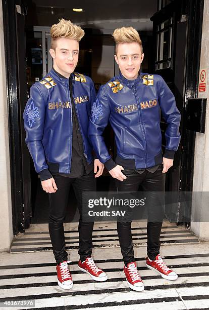 Jedward at The BBC to promote new TV Show Sharknado on July 23, 2015 in London, England.