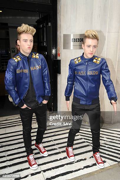 Jedward at The BBC to promote new TV Show Sharknado on July 23, 2015 in London, England.