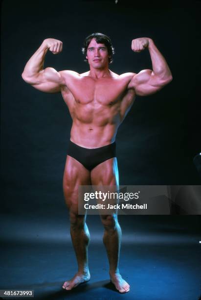 Professional bodybuilder Arnold Schwarzenegger posing at the top of his form in October 1976.