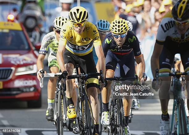 Chris Froome of Great Britain and Team Sky, Alejandro Valverde of Spain and Movistar Team cross the finish line of stage eighteenth of the 2015 Tour...