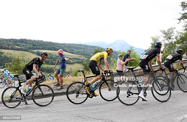 Chris Froome of Great Britain is surrounded by his teammates during stage eighteenth of the 2015 Tour de France, a 186.5 km stage from Gap to Saint...