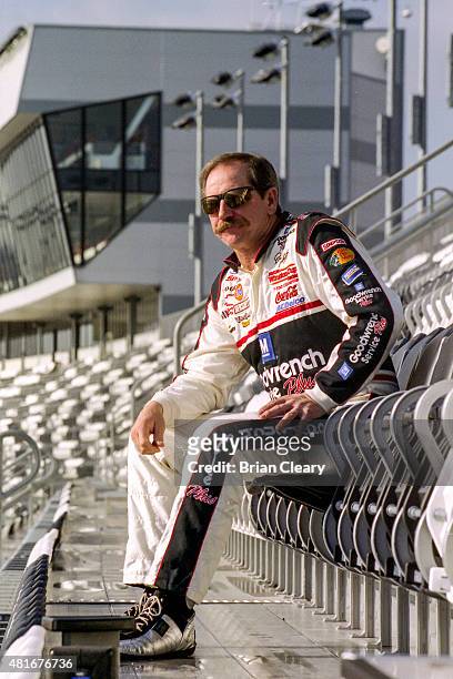 Dale Earnhardt checks out the view from the newly completed Earnhardt Grandstand during winter testing, two weeks before the Daytona 500, at Daytona...