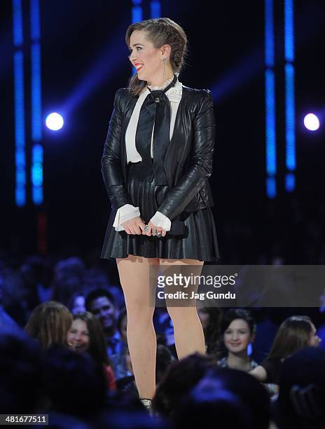 Singer Serena Ryder performs on stage at the 2014 Juno Awards held at the MTS Centre on March 30, 2014 in Winnipeg, Canada.