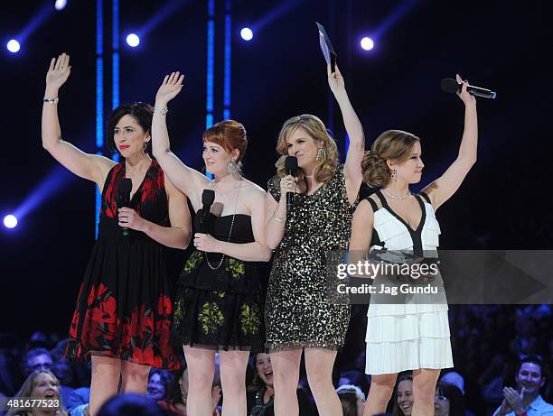 The Canadian gold medalists women's olympic curling team Jill Officer, Dawn McEwen, Jennifer Jones and Kaitlyn Lawes present the "Juno Fan Choice...