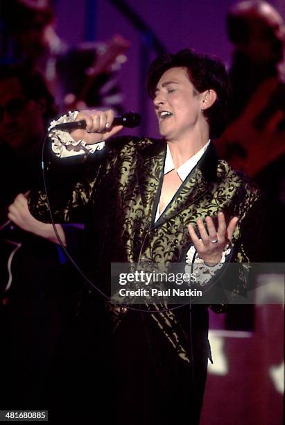 Musician KD Lang performs onstage, Chicago, Illinois, November 27, 1992.