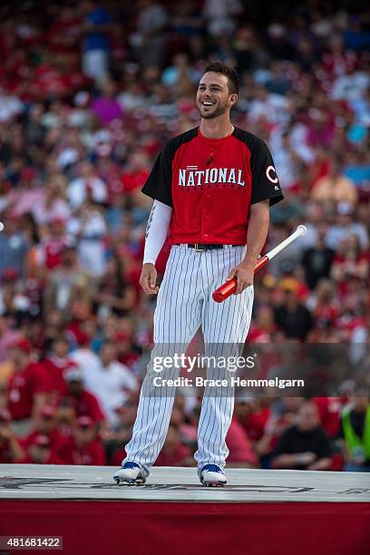 National League All-Star Kris Bryant of the Chicago Cubs smiles during the Gillette Home Run Derby presented by Head & Shoulders at the Great...