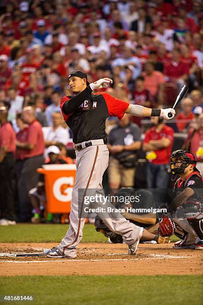 American League All-Star Manny Machado of the Baltimore Orioles bats during the Gillette Home Run Derby presented by Head & Shoulders at the Great...