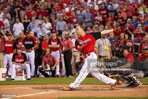 National League All-Star Todd Frazier of the Cincinnati Reds bats during the Gillette Home Run Derby presented by Head & Shoulders at the Great...