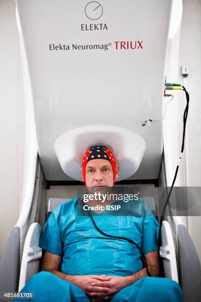 Reportage at the Neuroimaging research centre in Pitie Salpetriere hospital in Paris, France. Magnetoencephalography platform. MEG detects variations...