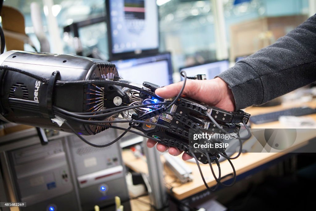 Reportage at ISIR (Institute of Robotics and Intelligent Systems) in Paris, France. HANDLE project - through multidisciplinary research the project aims to understand how humans manipulate objects in order to reproduce gripping movements with an anth