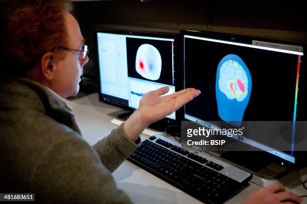 Reportage at the Neuroimaging research centre in Pitie Salpetriere hospital in Paris, France. Magnetoencephalography platform. MEG detects variations...