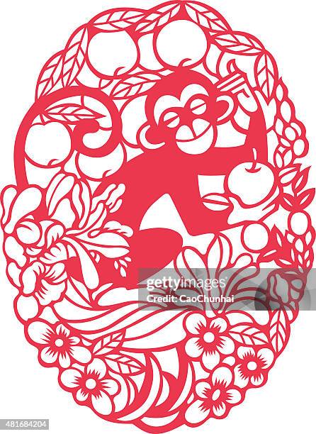 playing monkey(chinese traditional paper-cut art) - chinese monkey vector stock illustrations