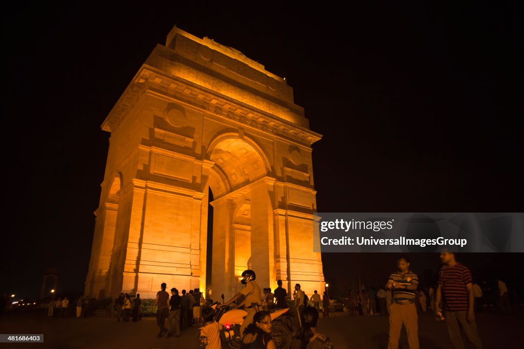War memorial lit up at night, India Gate, New Delhi, Delhi, India