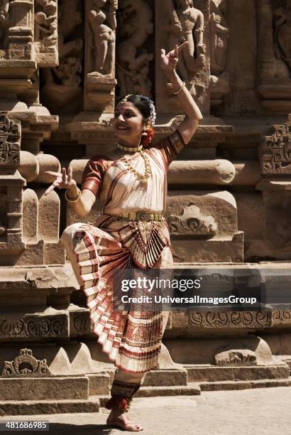 Dancer performing Bharatnatyam in Khajuraho Dance Festival, Khajuraho, Chhatarpur District, Madhya Pradesh, India.