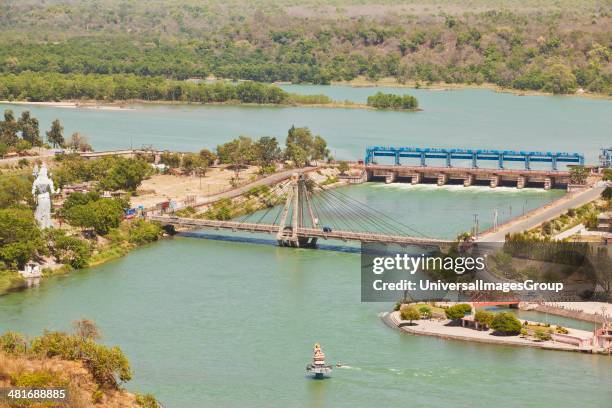 Aerial view of a bridge and river locks at River Ganges, Haridwar, Uttarakhand, India.