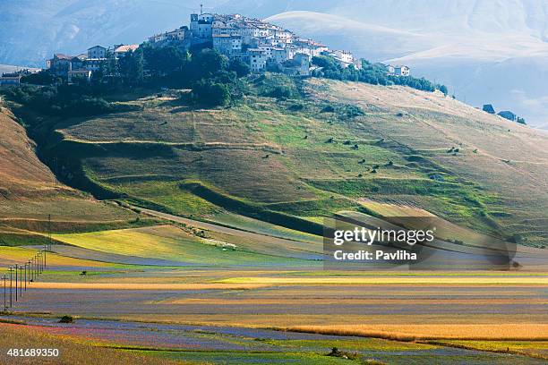 castelluccio di norcia (italien), village auf einem grünen hügel - castelluccio di norcia stock-fotos und bilder