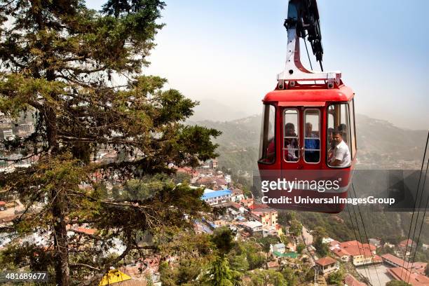 Overhead Cable car in motion, Gun Hill, Mussoorie, Uttarakhand, India.