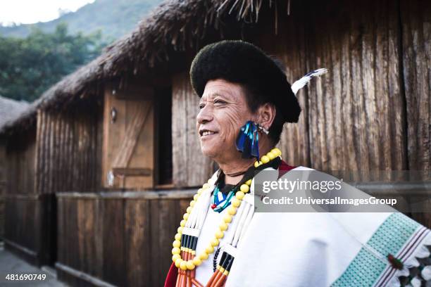 Naga tribesman in traditional outfit during the annual Hornbill Festival at Kisama, Kohima, Nagaland, India.