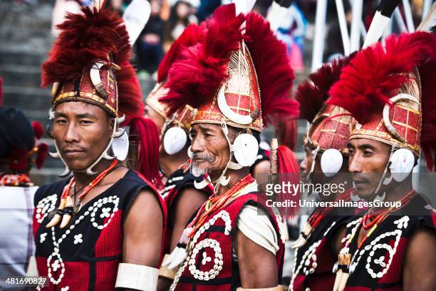 Naga tribesmen in traditional outfit during the annual Hornbill Festival at Kisama, Kohima, Nagaland, India.