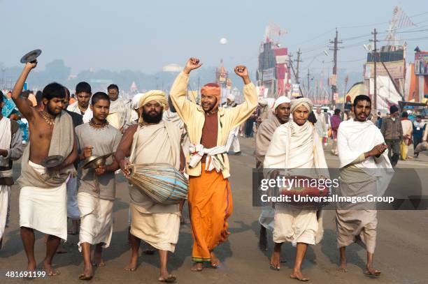 Group of Sadhus doing kirtan at Maha kumbh, Allahabad, Uttar Pradesh, India.