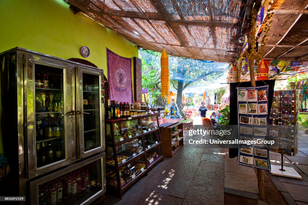 Food products in display cabinet at a restaurant, German Bakery, Anjuna, North Goa, Goa, India