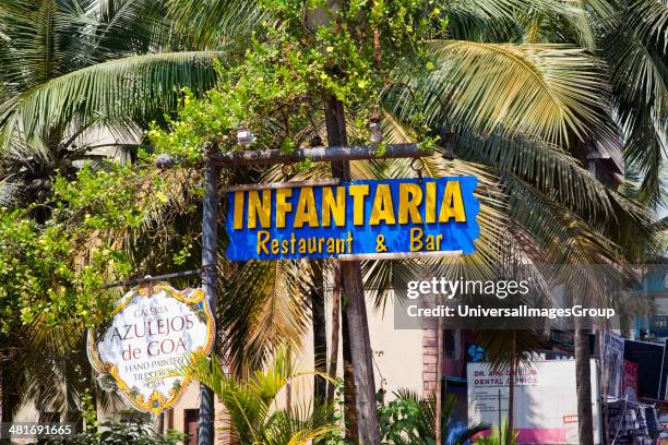 Sign board of a restaurant, Infantaria Restaurant and Bar, Calangute Baga Road, Calangute, Bardez, North Goa, Goa, India.