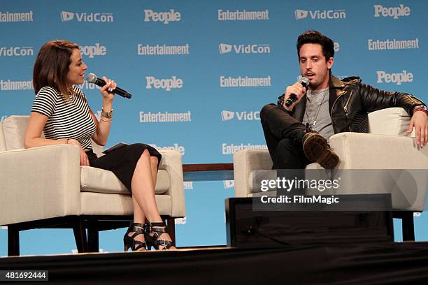 Shira Lazar interviews YouTuber Sawyer Hartman at #VidCon at Anaheim Convention Center on July 23, 2015 in Anaheim, California.