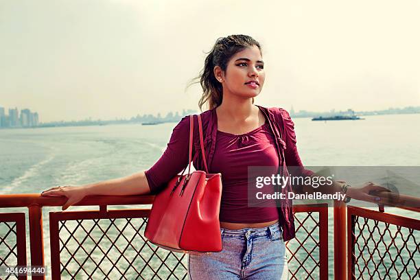 young ethnic woman on staten island ferry - staten island ferry bildbanksfoton och bilder