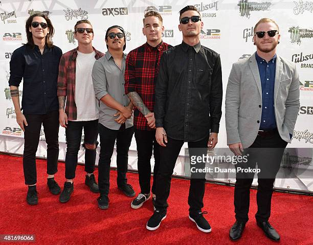 Joshua Moore, Lou Cotton, Eric Choi, Kyle Pavone, Andy Glass, and Dave Stephens of We Came As Romans attend the 2015 Journeys AP Music Awards, Fueled...