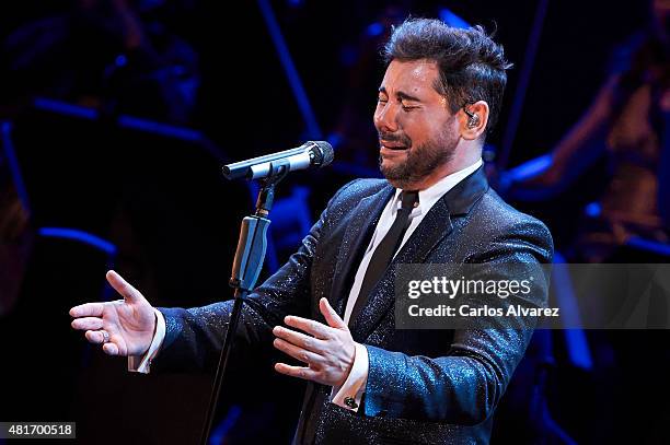 Spanish flamenco singer Miguel Poveda performs on stage at the Royal Theater on July 23, 2015 in Madrid, Spain.