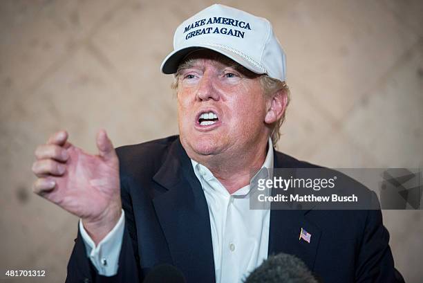 Republican Presidential candidate and business mogul Donald Trump talks to the media at a press conference during his trip to the border on July 23,...