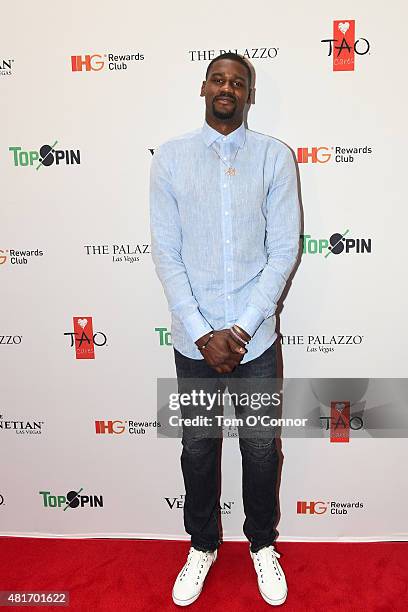 Bernard James of the Dallas Mavericks during the 2015 Top Spin Celebrity Ping Pong Tournament hosted by Los Angeles Clipper Chris Paul on July 18,...