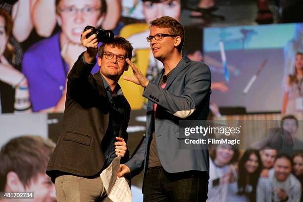 John Green, YouTuber, co-founder vidcon & 'Vlogbrothers' and Hank Green speak at #VidCon at Anaheim Convention Center on July 23, 2015 in Anaheim,...