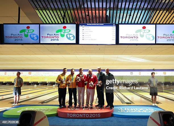 Toronto, Canada - July, 23 2015 - The Canadians share the podium with Columbia and USA with the bronze. Canadian men's doubles bowling team of...