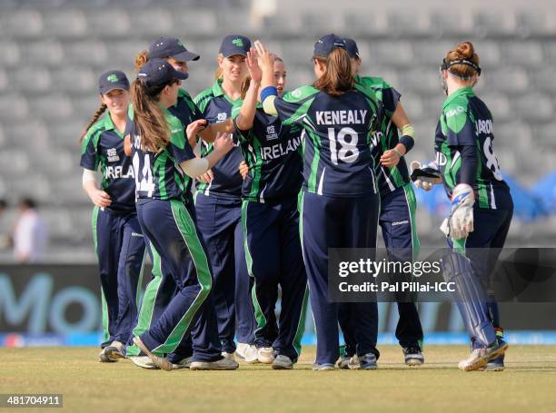 Isobel Joyce captain of Ireland celebrates the wicket of Javeria Khan of Pakistan during the ICC Women's World Twenty20 match between Pakistan Women...