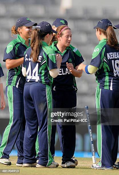 Isobel Joyce captain of Ireland celebrates the wicket of Javeria Khan of Pakistan during the ICC Women's World Twenty20 match between Pakistan Women...