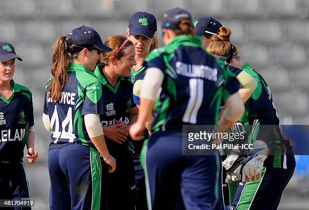 Isobel Joyce captain of Ireland celebrates the wicket of Javeria Khan of Pakistan during the ICC Women's World Twenty20 match between Pakistan Women...