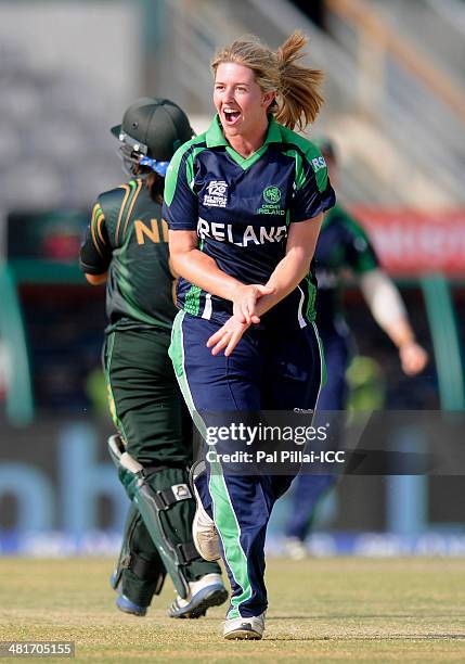 Louise McCarthy of Ireland celebrates the wicket of Nida Rashid of Pakistan during the ICC Women's World Twenty20 match between Pakistan Women and...