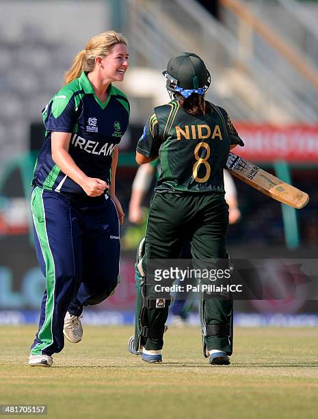 Louise McCarthy of Ireland celebrates the wicket of Nida Rashid of Pakistan during the ICC Women's World Twenty20 match between Pakistan Women and...