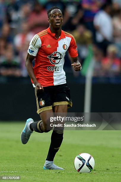Terence Kongolo of Feyenoord runs with the ball during the pre season friendly match between Feyenoord Rotterdam and Southampton FC at De Kuip on...