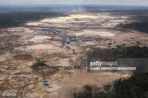 Aerial picture of the illegal gold mining area of La Pampa, in Madre de Dios, southern Peruvian jungle on July 14, 2015. In an unprecedented...