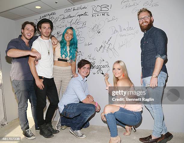 Dean Gordon, Jay Bovino, Amy Sheppard, George Sheppard, Emma Sheppard, and Michael Butler of the band Sheppard attend AOL BUILD Speaker Series to...