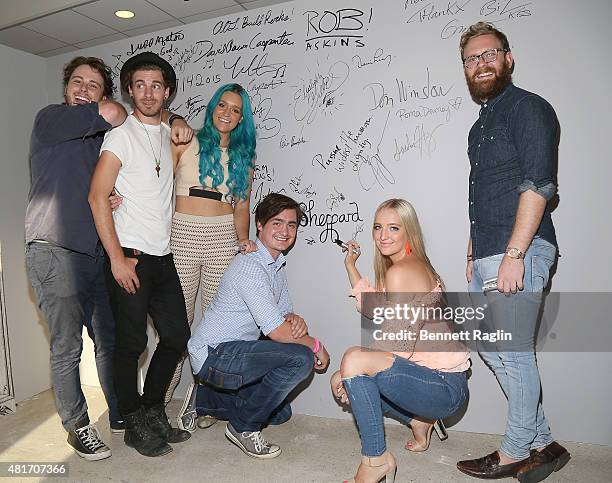 Dean Gordon, Jay Bovino, Amy Sheppard, George Sheppard, Emma Sheppard, and Michael Butler of the band Sheppard attend AOL BUILD Speaker Series to...