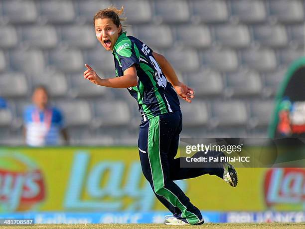 Elena Tice of Ireland celebrates the wicket of Qanita Jalil of Pakistan during the ICC Women's World Twenty20 match between Pakistan Women and...