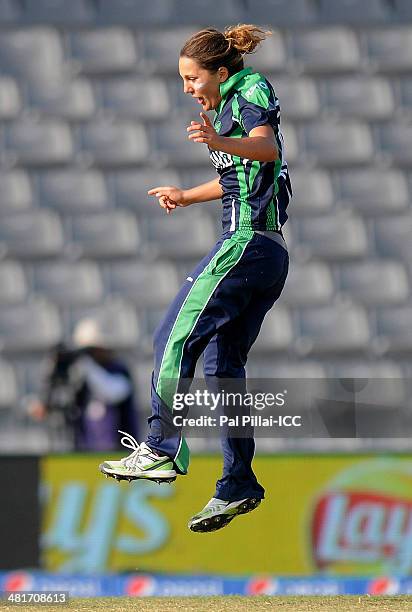 Elena Tice of Ireland celebrates the wicket of Qanita Jalil of Pakistan during the ICC Women's World Twenty20 match between Pakistan Women and...