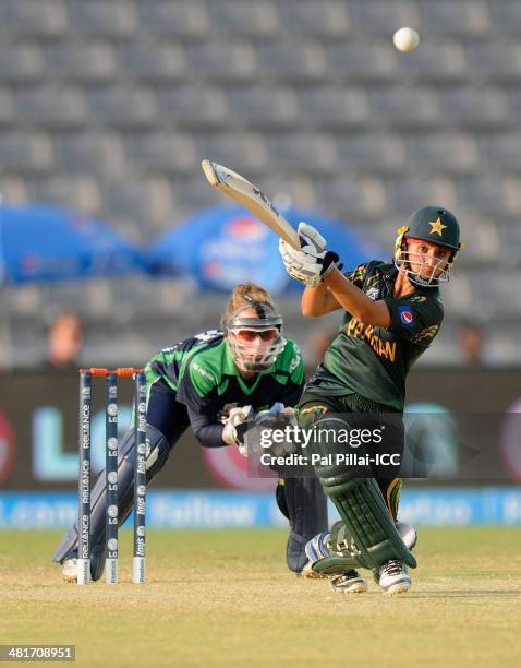 Bismah Maroof of Pakistan bats during the ICC Women's World Twenty20 match between Pakistan Women and Ireland Women played at Sylhet International...