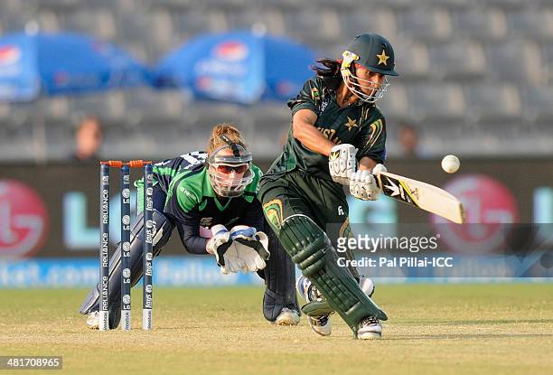 Bismah Maroof of Pakistan bats during the ICC Women's World Twenty20 match between Pakistan Women and Ireland Women played at Sylhet International...